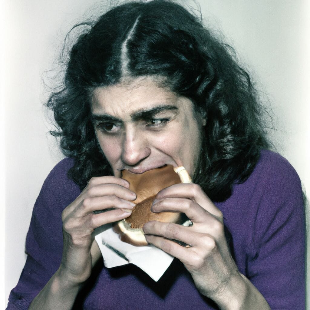 Dall·e 2023 07 31 19.54.48 An Old Photograph Of Susan Sonntag Eating A Burger