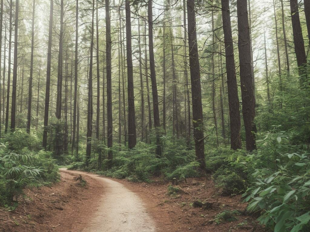 Small Path In Forest Big Trees Flax Fields 8k Inze90w0