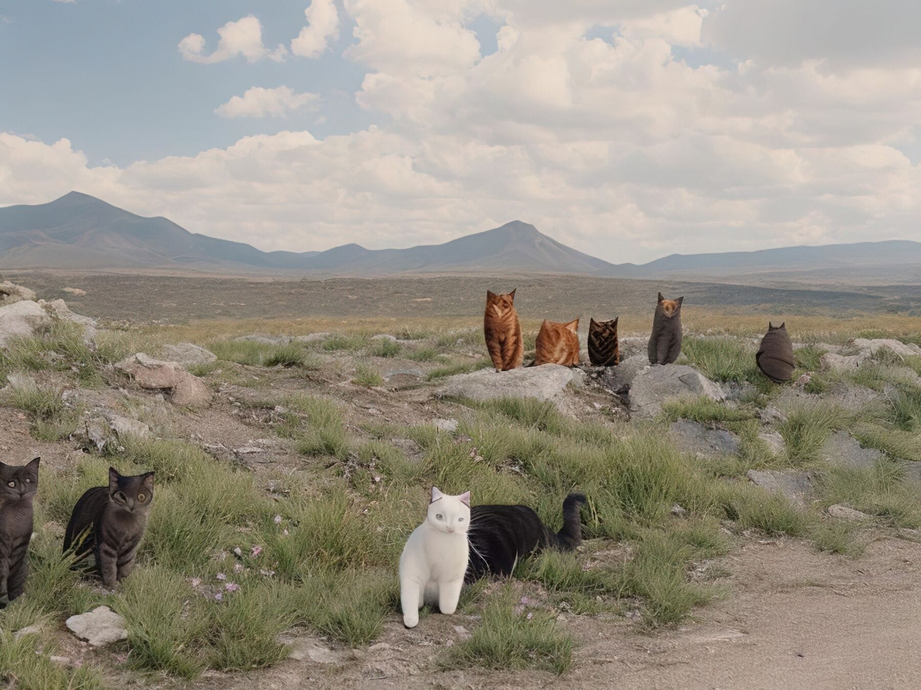 a group of sheep in a field with a mountain in the background